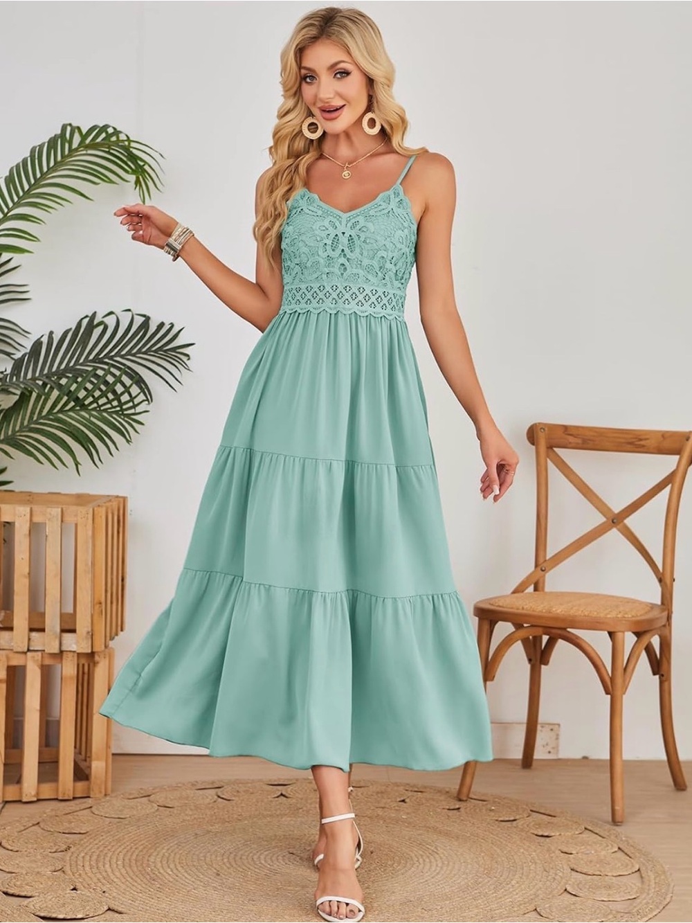 NWT DOKURITU Sage Green‎ Lace Bodice Tiered Maxi Dress with Pockets | Women’s XS
